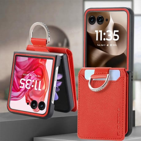 Противоударный чехол Litchi Texture Leather Ring Wallet  на Motorola Razr 60 Ultra - оранжевый