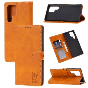 Чохол-книжка Happy Cat Pattern для Samsung Galaxy S22 Ultra 5G - жовтий