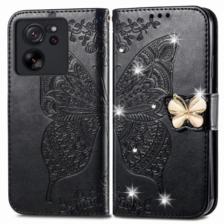 Чехол-книжка Rhinestones Butterfly Love Flower Embossed для Xiaomi 13T / 13T Pro - черный