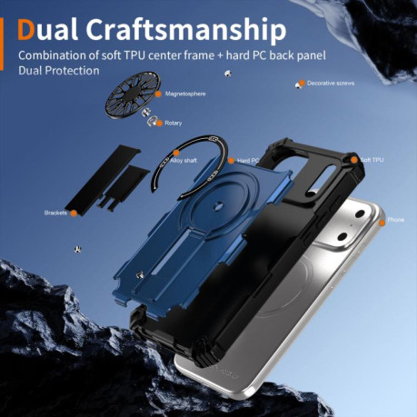Противоударный чехол Shockproof Kickstand Metallic Shaft MagSafe на iPhone 17 Pro - синий