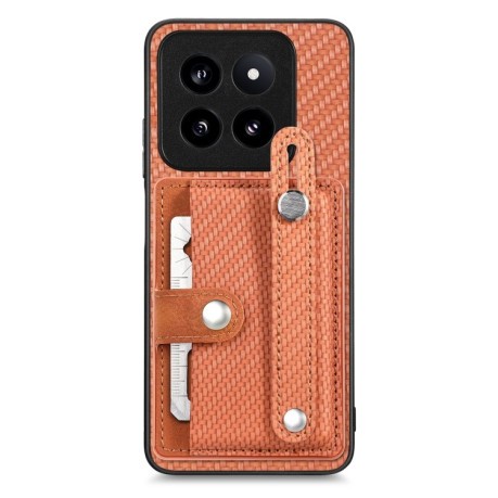 Противоударный чехол Wristband Kickstand Card для Xiaomi 14 Pro - коричневый