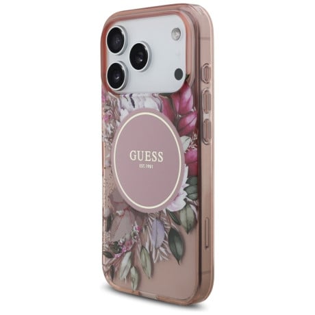 Оригінальний чохол Guess IML Flowers Pearl Strap з MagSafe на iPhone 17 Pro - Pink