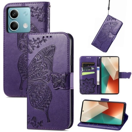 Чехол-книжка Butterfly Love Flower Embossed для Xiaomi Redmi Note 13 5G - фиолетовый