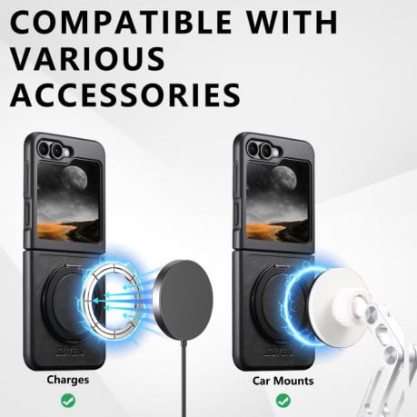 Чохол Suteni G3 Oil Wax 360 Rotation Holder MagSafe для Samsung Galaxy Flip 7 5G - чорний