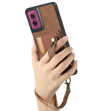 Протиударний чохол Retro Cross Wristband Wallet Leather для Motorola Moto G55 - коричневий