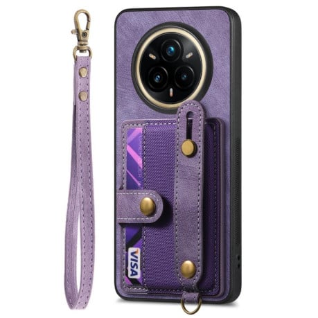Противоударный чехол Retro Cross Wristband Wallet Leather для Realme 14 Pro+ - фіолетовий