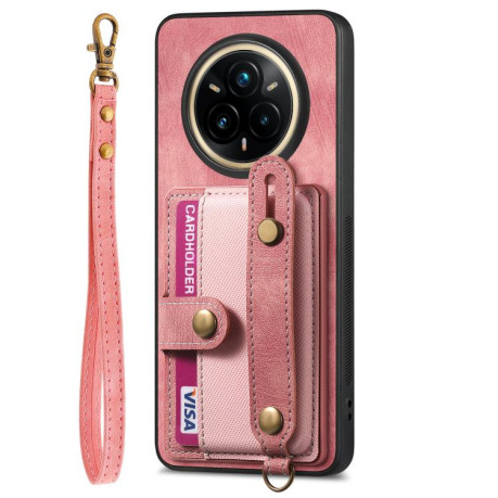 Противоударний чехол Retro Cross Wristband Wallet Leather для Realme 14 Pro+ - рожевий