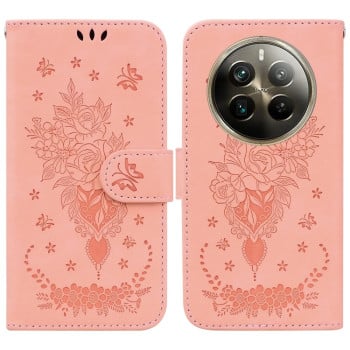 Чехол-книжка Butterfly Rose Embossed для Realme 12 Pro / 12 Pro+ - розовый
