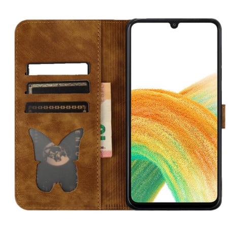 Чохол-книжка з тисненням Butterfly Cat м'яка фактура з магнітним хлястиком на Samsung Galaxy S25 FE 5G - коричневий