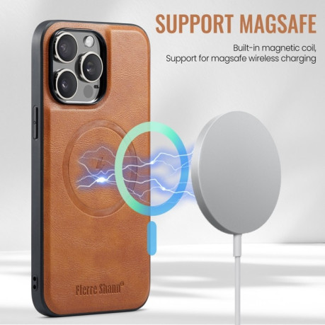 Чехол Fierre Shann Oil Wax Cow Leather Magnetic Card Holder на iPhone 16 Pro - коричневый