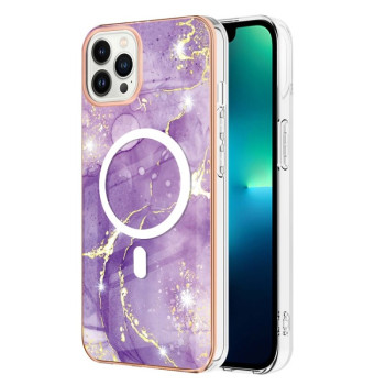 Противоударный чехол Marble Pattern Dual-side IMD Magsafe для iPhone 15 Pro Max - фиолетовый
