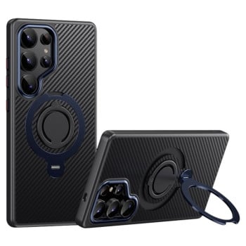 Протиударний чохол Carbon Fiber MagSafe 360 Degree Rotating Holder  для Samsung Galaxy S25 Ultra 5G - чорно-синій