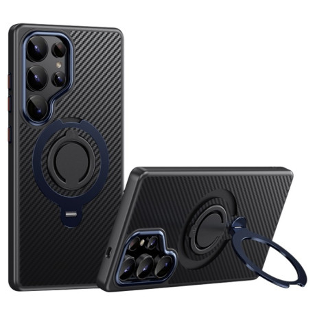 Противоударный чехол Carbon Fiber MagSafe 360 Degree Rotating Holder на Samsung Galaxy S25 Ultra 5G - черно-синий