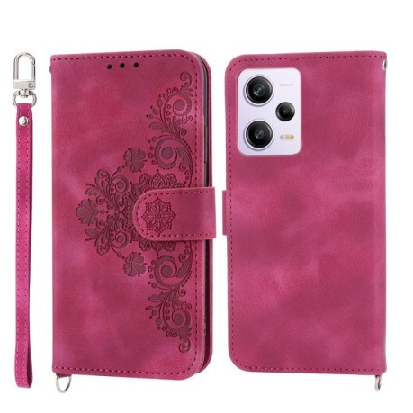 Чехол-книжка Skin-feel Flowers Embossed для Xiaomi Redmi Note 12 Pro - винно-красный