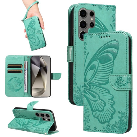 Чехол-книжка Swallowtail Butterfly Embossed Leather для Samsung Galaxy S25 Ultra 5G - зеленый