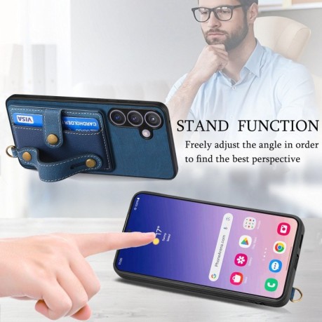 Противоударный чехол Retro Cross Wristband Wallet Leather для Samsung Galaxy S24+ 5G - синий
