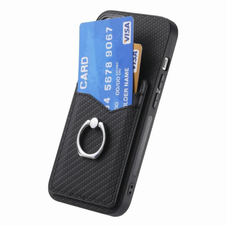 Противоударный чехол Carbon Fiber Card Wallet Ring Holder для Realme 14 Pro+ - черный