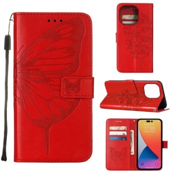 Чехол-книжка с тиснением “бабочки” и магнитным хлястиком на  iPhone 14 Pro - красный