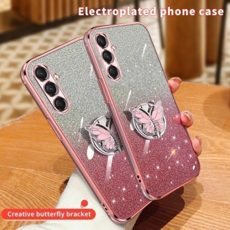 Противоударный чехол Plated Gradient Glitter Butterfly Holder для Samsung Galaxy A16 5G - розовый