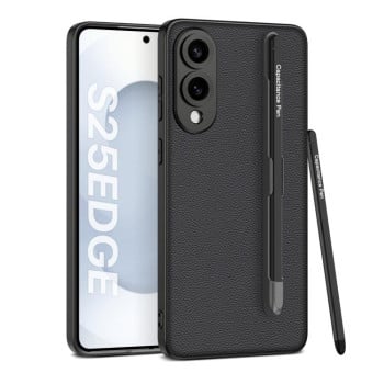 Противоударный чехол GKK Metal Paint Skin Feel Leather with Pen для Samsung Galaxy S25 Edge 5G - черный