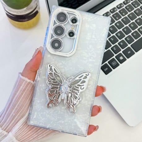 Противоударный чехол Plating Glitter Texture Butterfly Holder TPU для Samsung Galaxy S24 FE 5G - White Shell Pattern