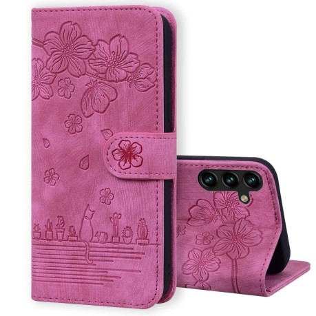 Чехол-книжка Cartoon Sakura Cat для Samsung Galaxy A16 5G - пурпурно-красный