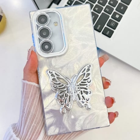 Противоударный чехол Plating Glitter Texture Butterfly для Samsung Galaxy S25 5G - White Feathers