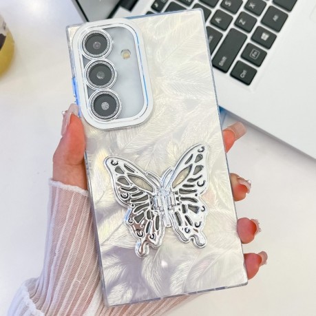 Противоударный чехол Plating Glitter Texture Butterfly для Samsung Galaxy A36 5G - White Feathers