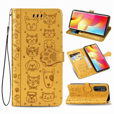 Чехол-книжка Cute Cat and Dog Embossed на Xiaomi Mi Note 10 Lite - желтый