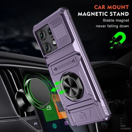 Протиударний чохол Shockproof Card Slot Phone Case with Metal Ring Holder для Motorola Edge 50 Pro - фіолетовий