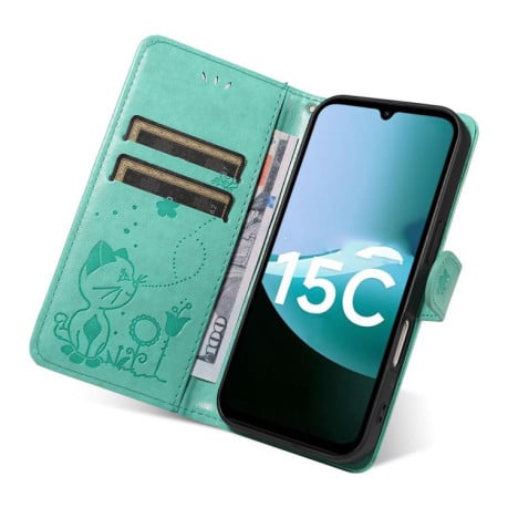 Чехол-книжка Cat Embossing Pattern на Xiaomi Redmi 15C 5G / 4G EU 173mm - зеленый