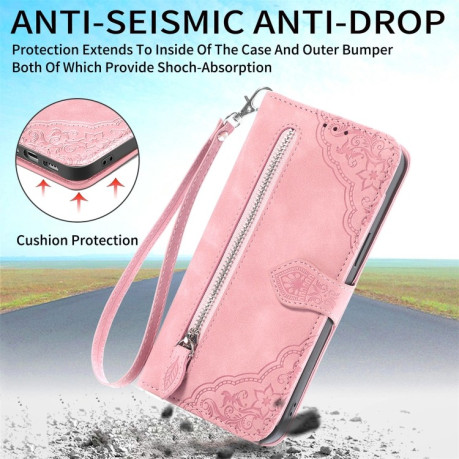 Чохол-книжка Embossed Flower Zipper Leather на iPhone 15 -рожевий