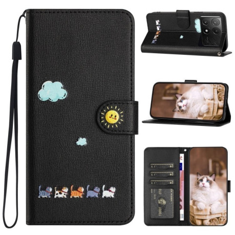Чехол-книжка Cartoon Cats Leather для Xiaomi Poco X6 Pro - черный