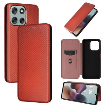 Чехол-книжка Carbon Fiber Texture на Motorola Moto G56 - коричневый