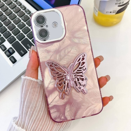 Противоударный чехол Plating Glitter Texture Butterfly для iPhone 16 - Pink Feathers