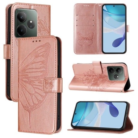 Чехол-книжка Embossed Butterfly для Realme GT 6T 5G Global - розовое золото