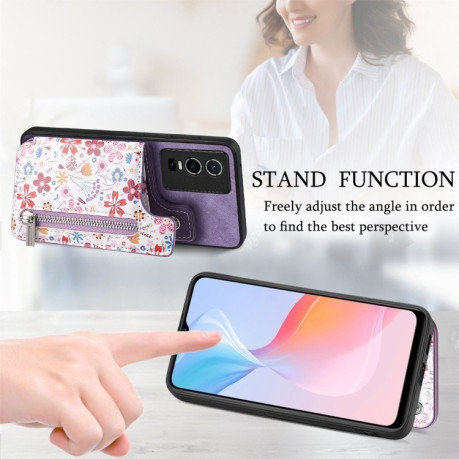 Противоударный чехол Retro Painted Zipper Wallet для Vivo Y76 5G - фиолетовый