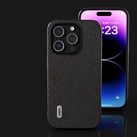 Протиударний чохол ABEEL Genuine Leather Litchi Texture для iPhone 15 Pro Max - чорний