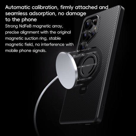 Противоударный чехол Carbon Fiber MagSafe 360 Degree Rotating Holder на Samsung Galaxy S25 Ultra 5G - черно-серый