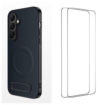Магнитный чехол-подставка Wanlonfeng с текстурой карбона и 2 плёнками на Samsung Galaxy A27 5G — сапфировый