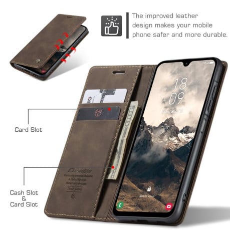 Чехол-книжка CaseMe-013 многофункциональный с кармашком на карт на Samsung Galaxy A17 4G - кофейный