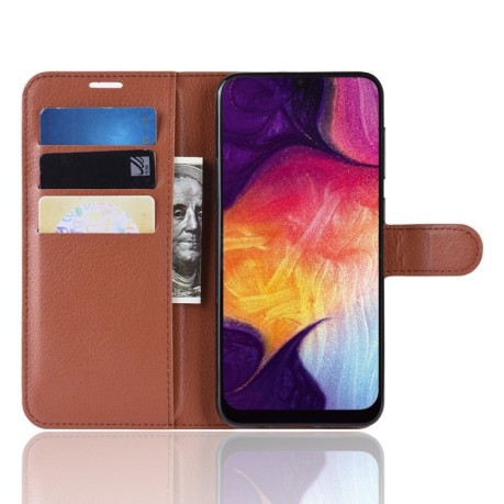 Кожаный чехол- книжка Litchi Texture Samsung Galaxy A50/A30s/A50s- коричневый