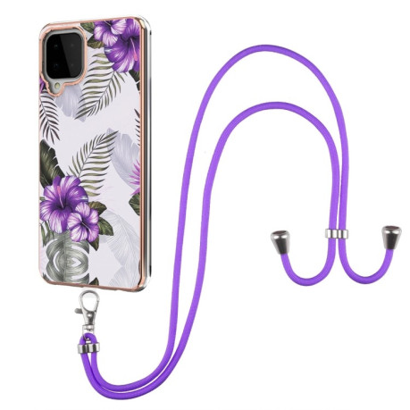 Противоударный чехол Electroplating with Lanyard для Samsung Galaxy M32/A22 4G - Purple Flower