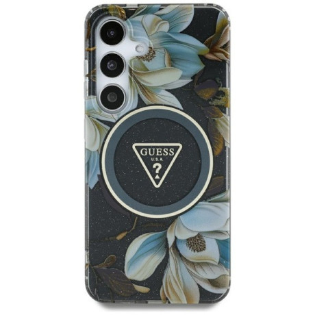Оригінальний чохол Guess Glitter Flowers Triangle Buttons MagSafe для Samsung Galaxy S25 Ultra - black