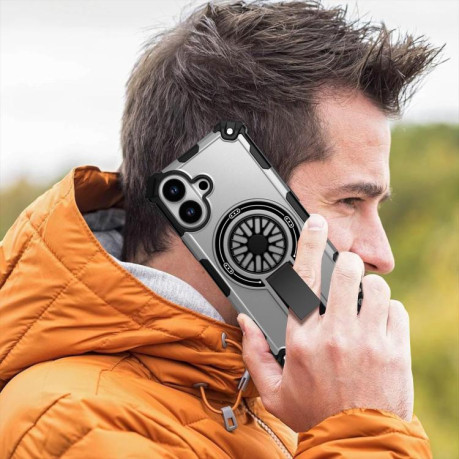 Противоударный чехол Shockproof Kickstand Metallic Shaft MagSafe на iPhone 17 - серебристый
