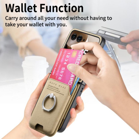 Противоударный чехол Twill Fabric Card Bag Ring Magnetic для Motorola Moto Razr 60 Ultra 5G - хаки