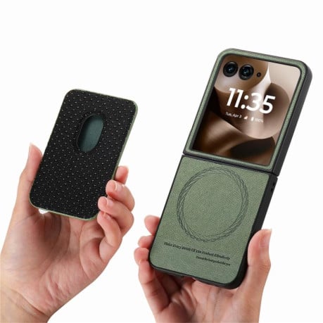 Противоударный чехол Twill Fabric Card Bag Ring Magnetic для Motorola Moto Razr 60 Ultra 5G - зелений