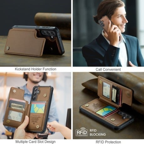 Чехол CaseMe C22 Card Slots Holder RFID Anti-theft для Samsung Galaxy S24 FE 5G - коричневый