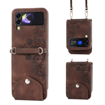 Протиударний чохол Skin Feel Flowers Embossed Wallet для Samsung Galaxy Flip 5 - коричневий