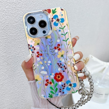 Чехол Electroplating Laser Flower Phone Case with Wrist Strap на iPhone 16 Pro Max - Flower
